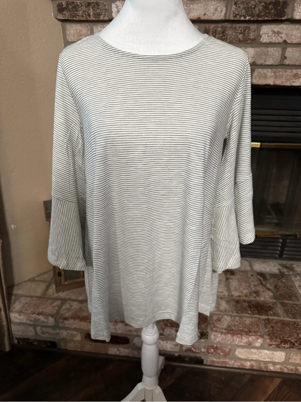 Mystree Pinstripe Bell Sleeve Swing Top - Picture 2 of 7